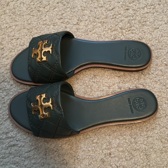 Tory Burch Everly Slide Size 10.5 Color Jitney Green Gold - Picture 3 of 8